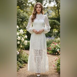 Dalia MacPhee Ivory Lace Long Sleeve Maxi Dress
